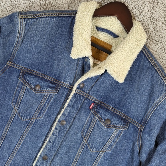 Levi's Premium Denim Trucker Jacket Sherpa Lined Button Up Jean Jacket XXL - Picture 1 of 14